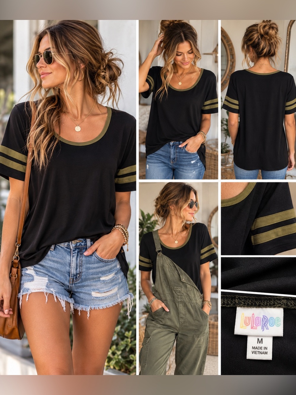 LuLaRoe Black Olive Trim Short Sleeve Top Size M